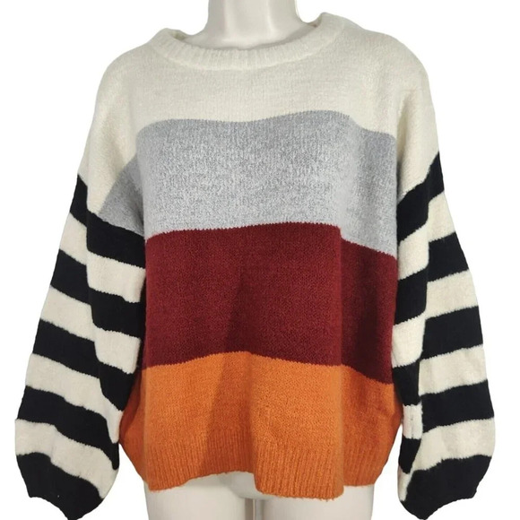 Runway 7 Ivory Red Orange Gray Striped Sweater Size XL Long Sleeve Crewneck - Picture 1 of 5